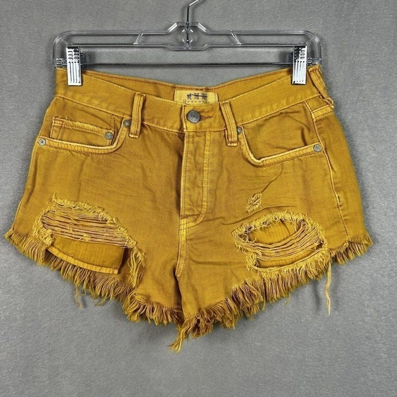 We The Free Cut-Off Denim Shorts Size 24 Mustard Yellow Raw Hem Distressed - Picture 1 of 9